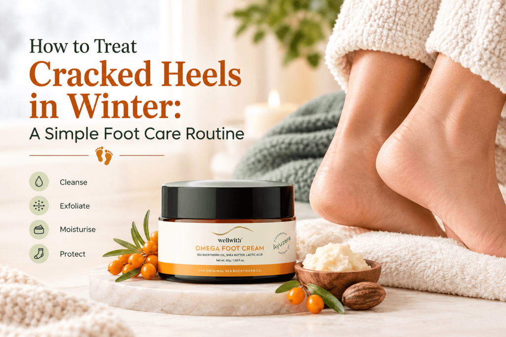 How to treat cracked heels in winter with WellWith Omega Foot Cream containing sea buckthorn oil, shea butter, and lactic acid.